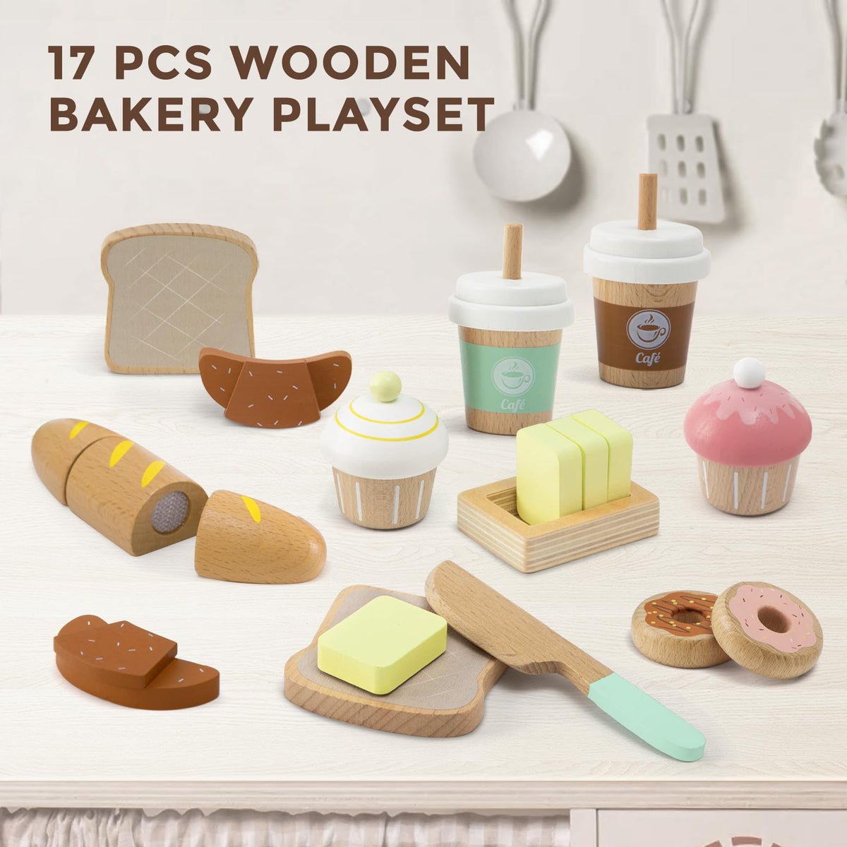 Frogprin wooden bakery croissants enhance storytelling during kitchen play.