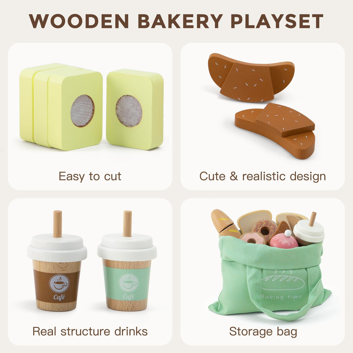 Frogprin wooden bakery donuts add whimsy to pretend cafe scenes.