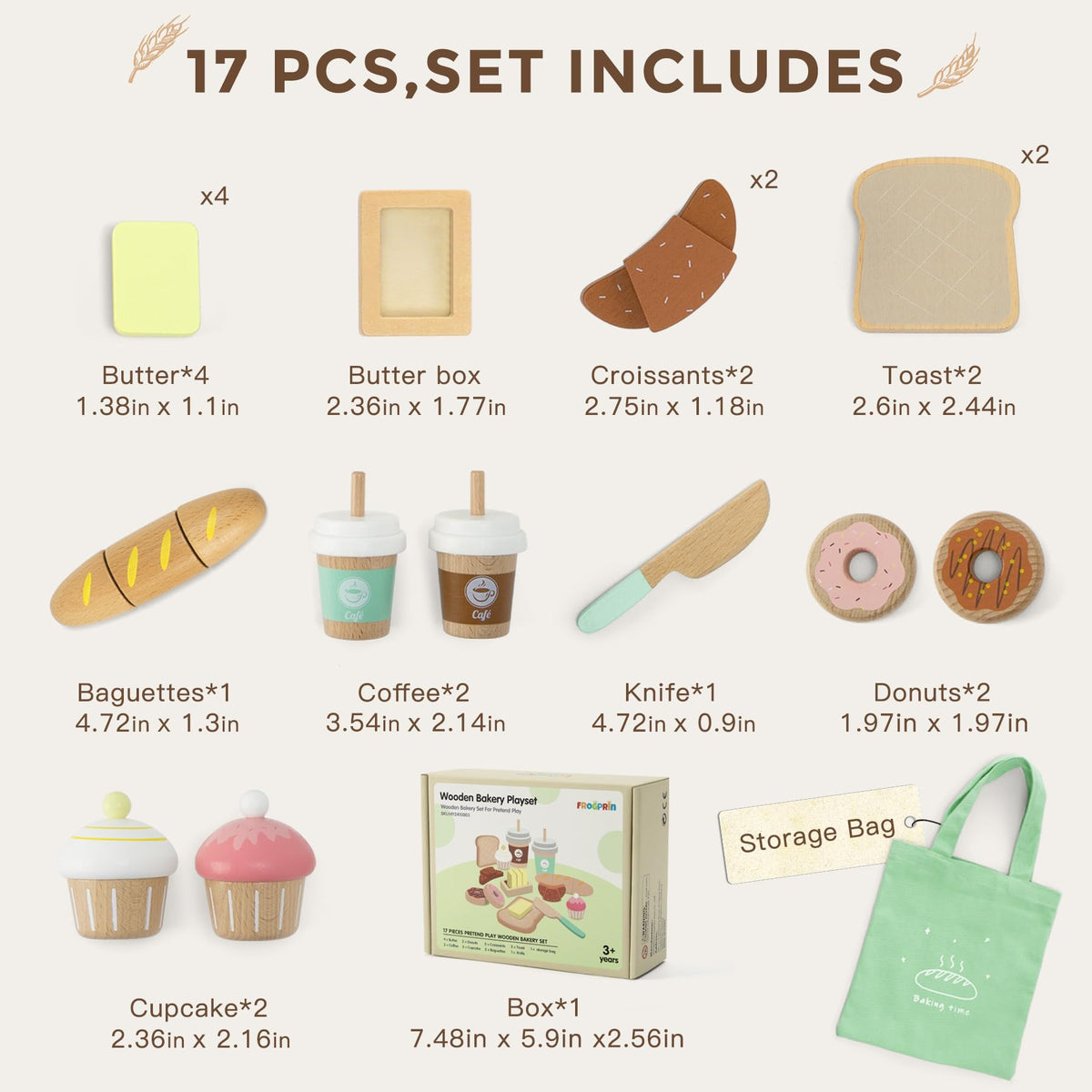 Frogprin wooden bakery shopping bag keeps pretend purchases organized.