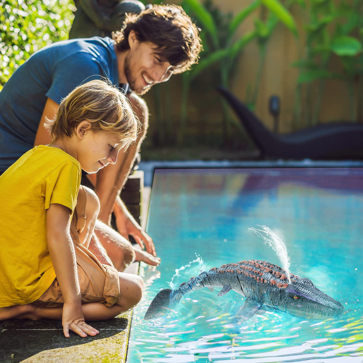 Fromeasy evening play boosts excitement with lit eyes and water spray.