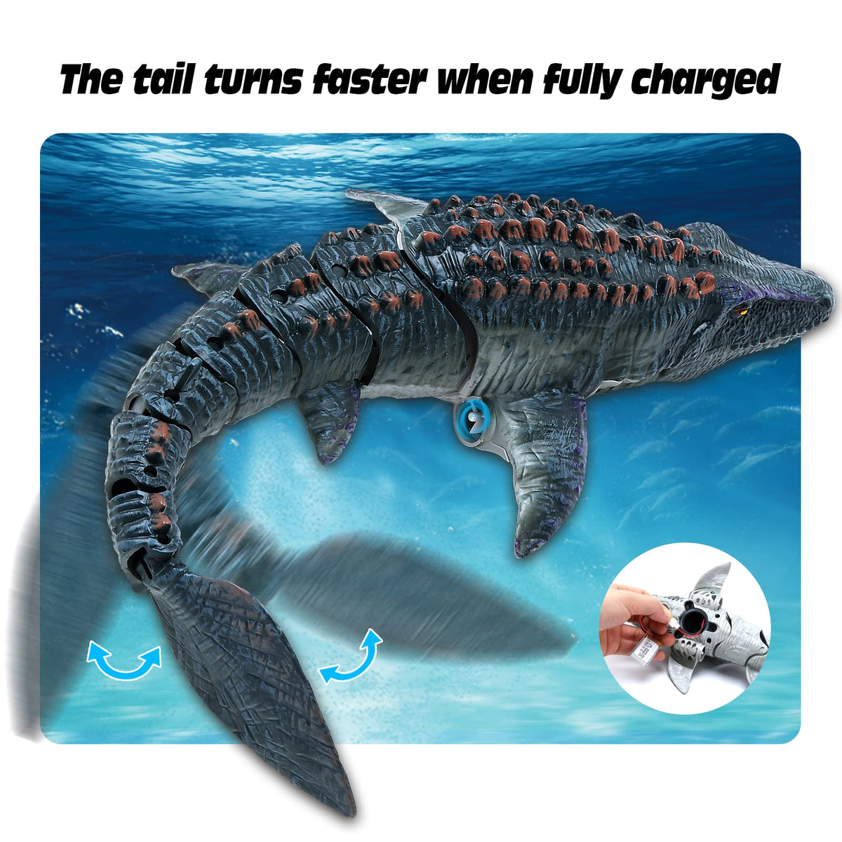 Fromeasy Mosasaurus light and spray feature enhances pool play after dusk.