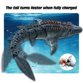 Fromeasy Mosasaurus light and spray feature enhances pool play after dusk.