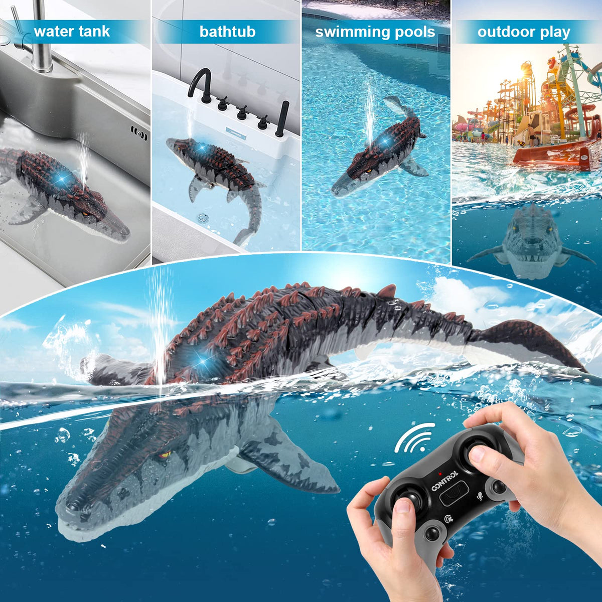 fromeasy Mosasaurus RC dinosaur toy remote control close-up for easy handling