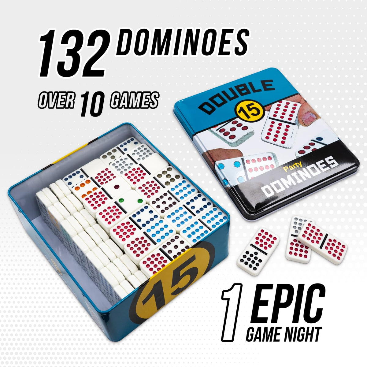 Front Porch Classics colorfully painted domino pips close-up highlighting legible symbols for players.