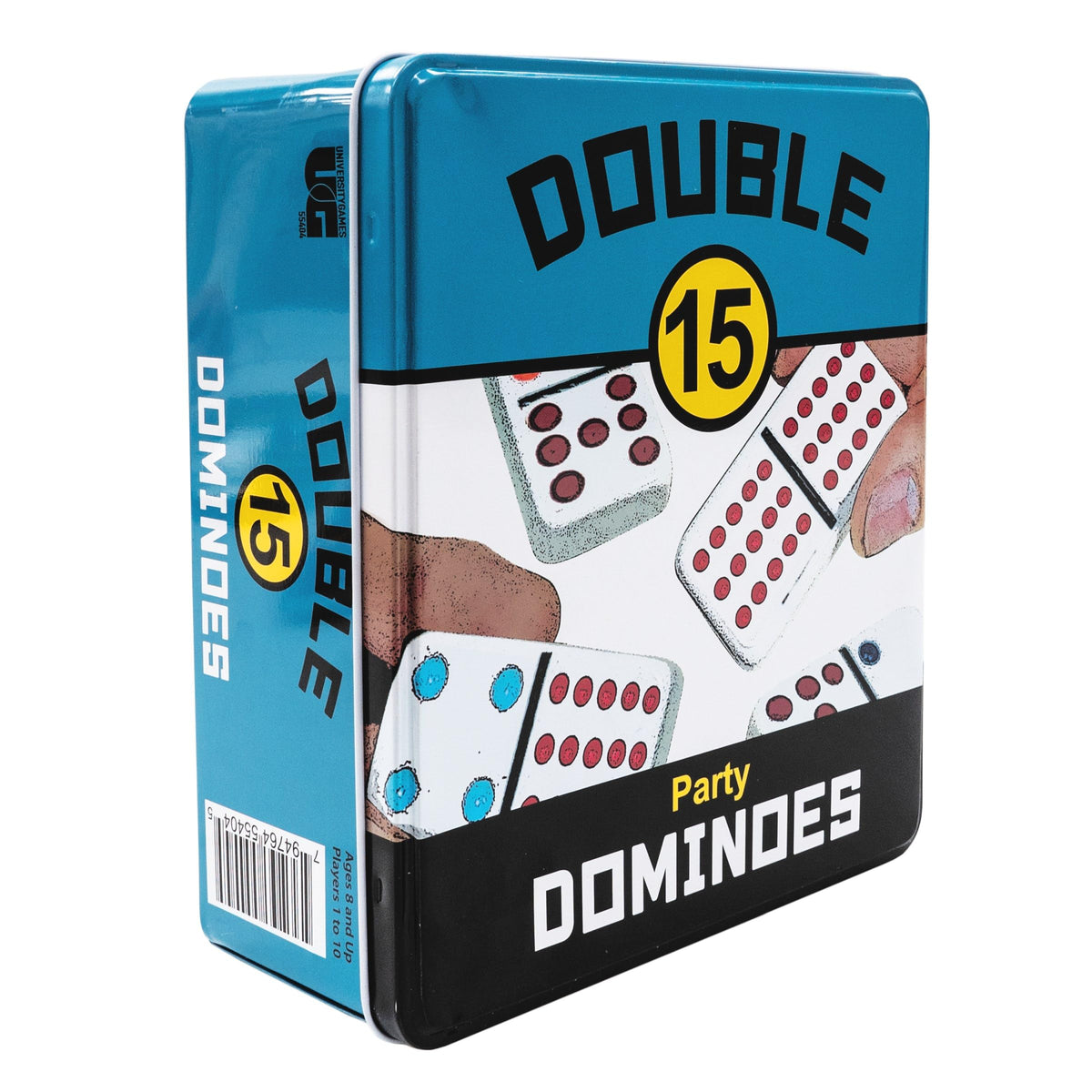 Front Porch Classics Double 15 Color Dot Dominoes in travel tin with bright pips for easy reading.
