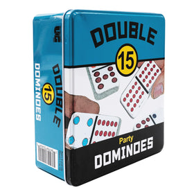 Front Porch Classics Double 15 Color Dot Dominoes in travel tin with bright pips for easy reading.