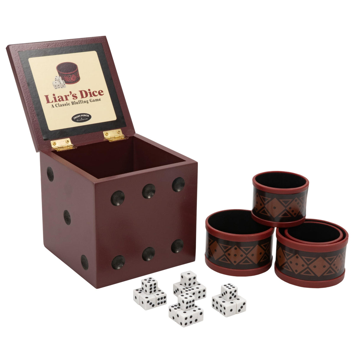 Front Porch Classics Liar's Dice giant die box on display and storage