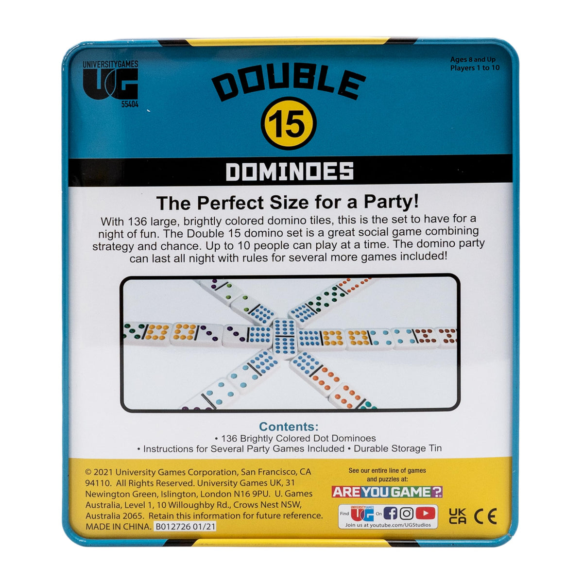Front Porch Classics portable storage tin keeps dominoes organized for on-the-go fun.