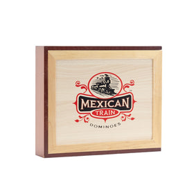 Front Porch Classics Mexican Train dominoes in a wooden box, ideal for family game nights.