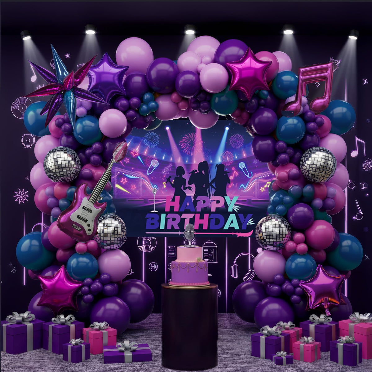 Froufing K-Pop balloon arch with guitars creates a photo-worthy party focal point.