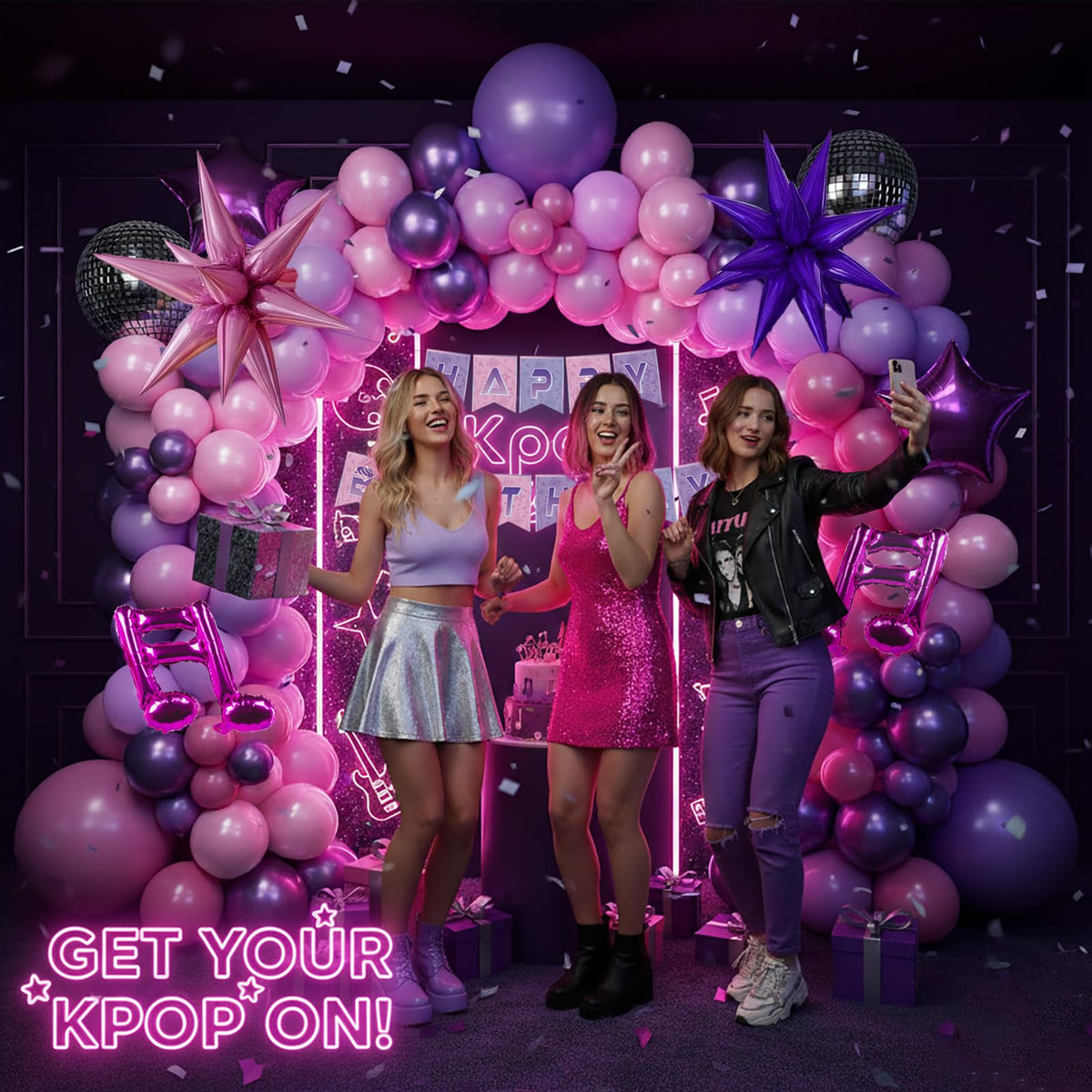 Froufing K-Pop balloon arch pink-purple close-up highlights vibrant color for photos