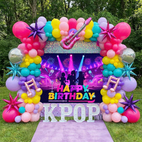 Froufing K-Pop birthday decor garland arch enhances a vibrant party backdrop