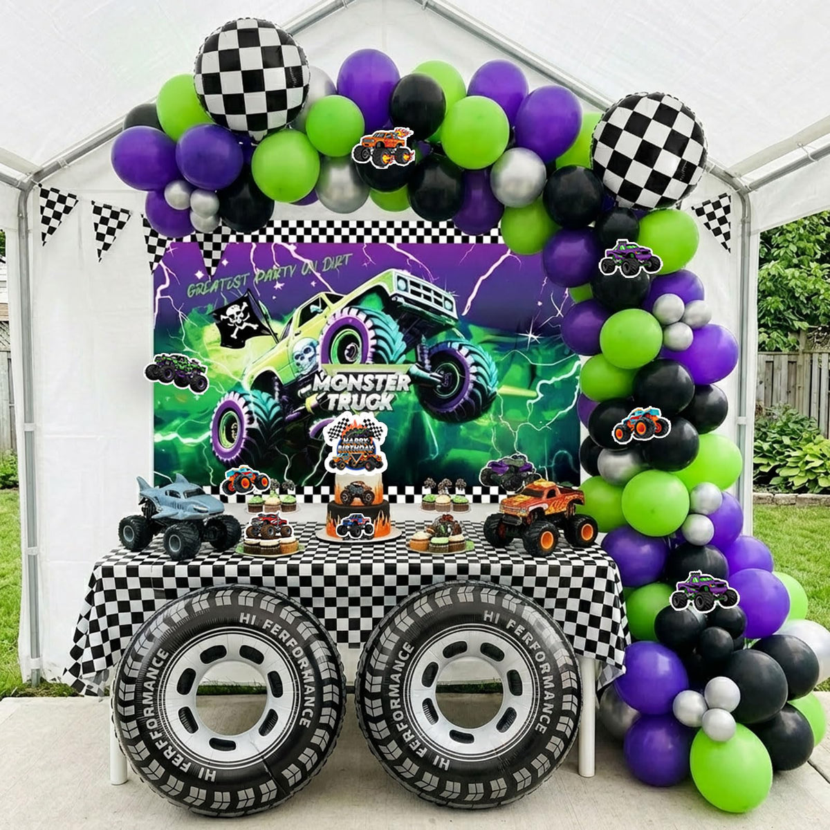 Froufing racing-themed backdrop adds depth to photo-worthy celebrations.