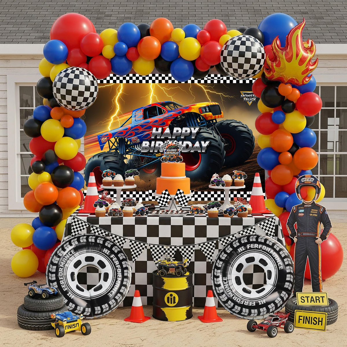 Froufing truck birthday balloon arch adds dramatic entry with race-inspired flair