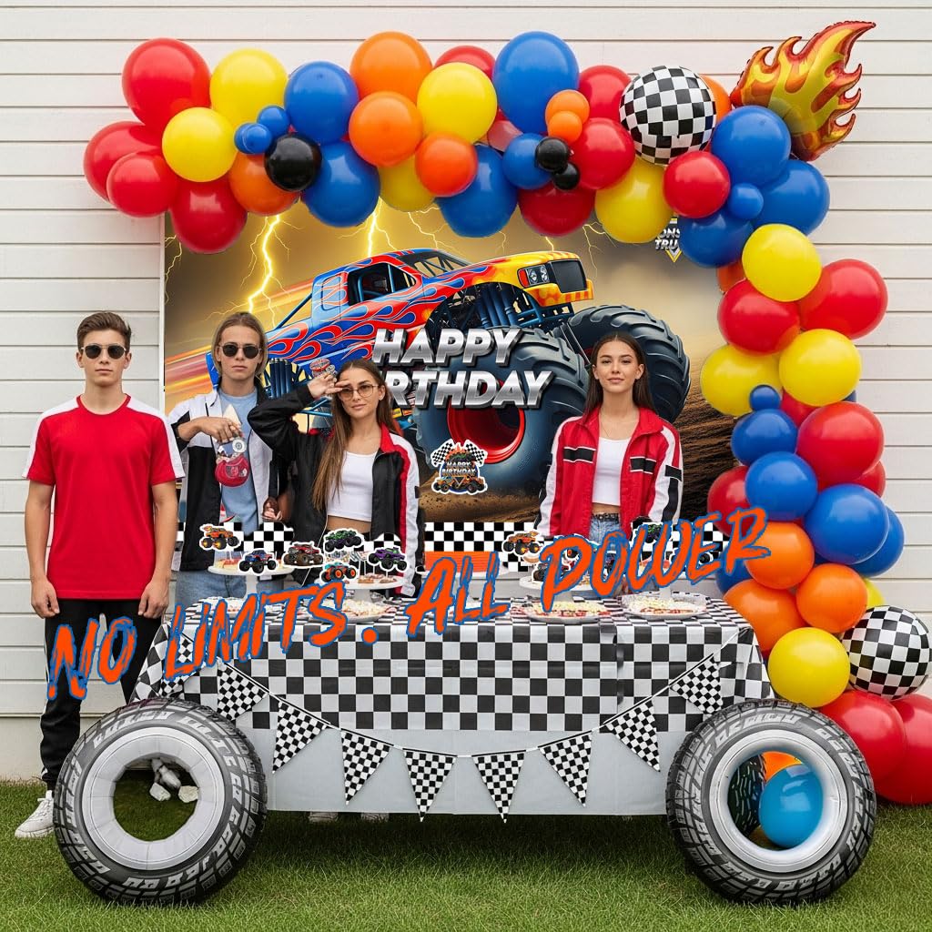 Froufing truck birthday checkered balloons evoke classic racing vibes