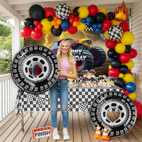 Froufing truck birthday tablecloth protects surfaces while coordinating color scheme