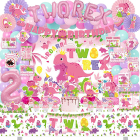 FrozzlyFun pink dinosaur backdrop enhances Two Rex birthday party photos