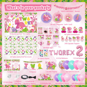 FrozzlyFun pink dinosaur banner ties the party theme together