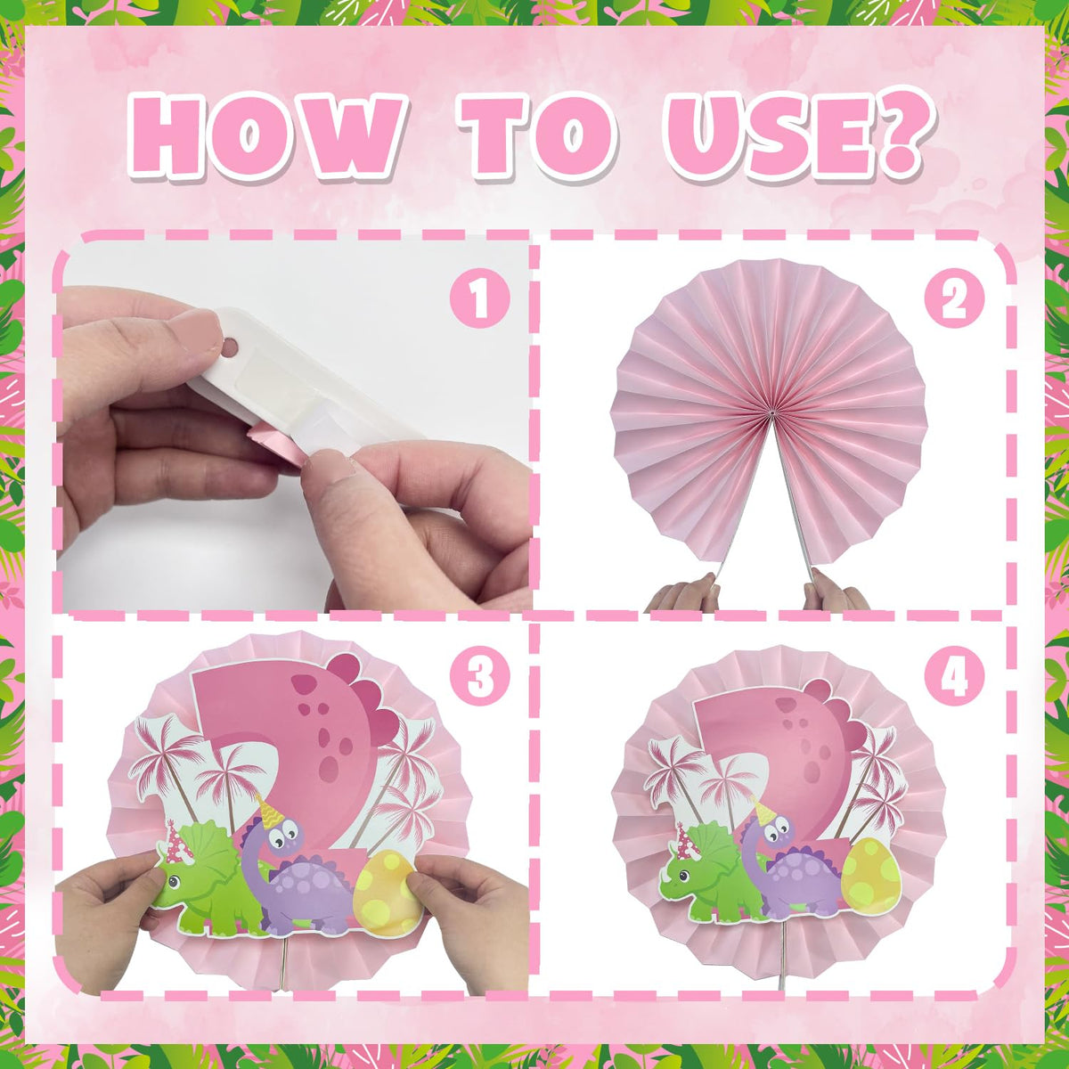 FrozzlyFun pink dinosaur fans and pompoms add festive texture