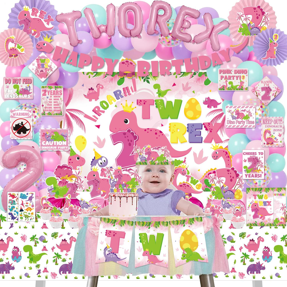 FrozzlyFun pink dinosaur wall signs guide guests with playful decor