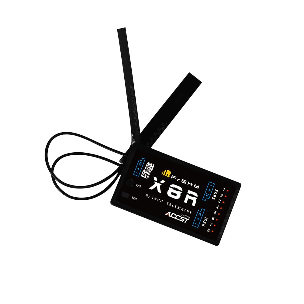 FrSky X8R with dual antennas for improved range and signal reliability.