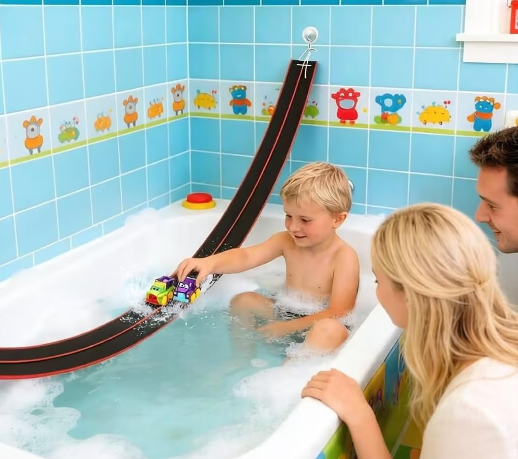 FRTUI race car bath toy track with strong suction cups for secure bath play.