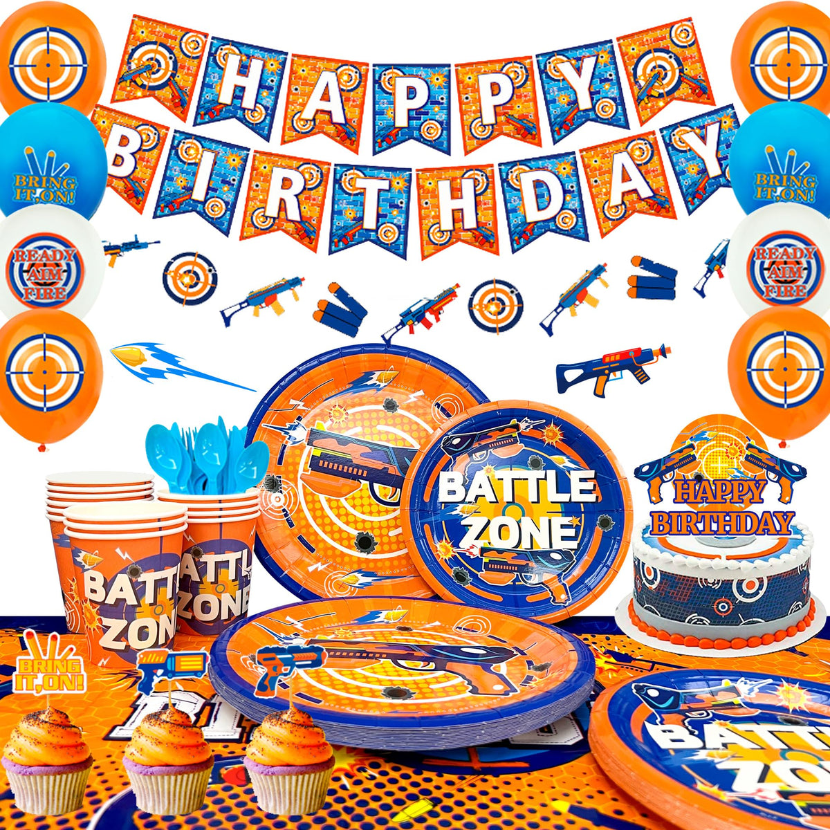 Fruitful Jewelry Dart War tablecloth creates a bold party backdrop.