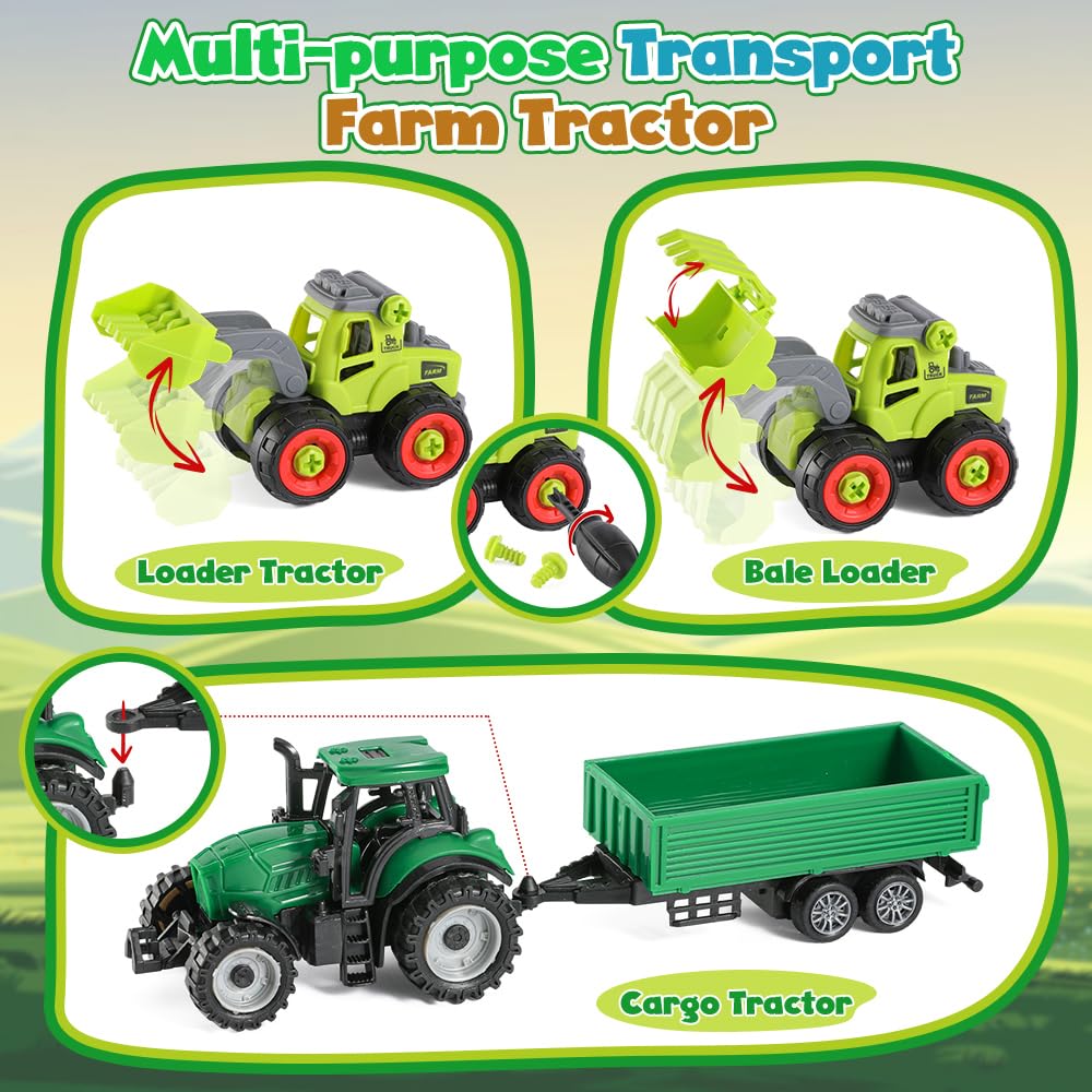 FRUSE detachable tractors show multiple configurations for hands-on construction play.