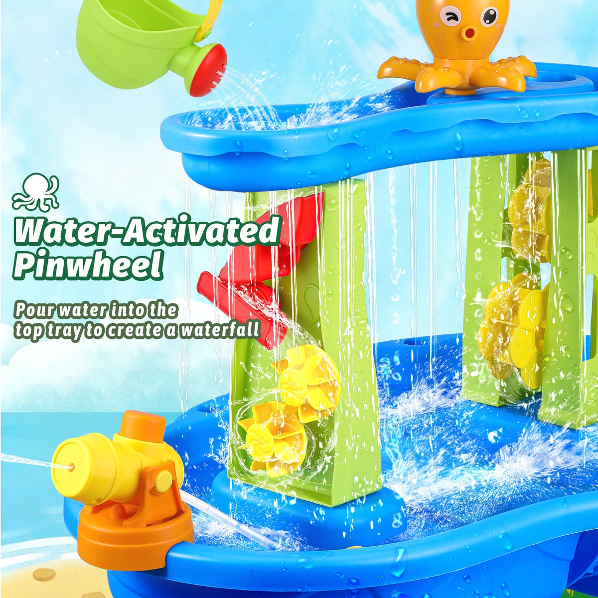 FRUSE Kids Water Table top view highlighting waterfall feature for discovery