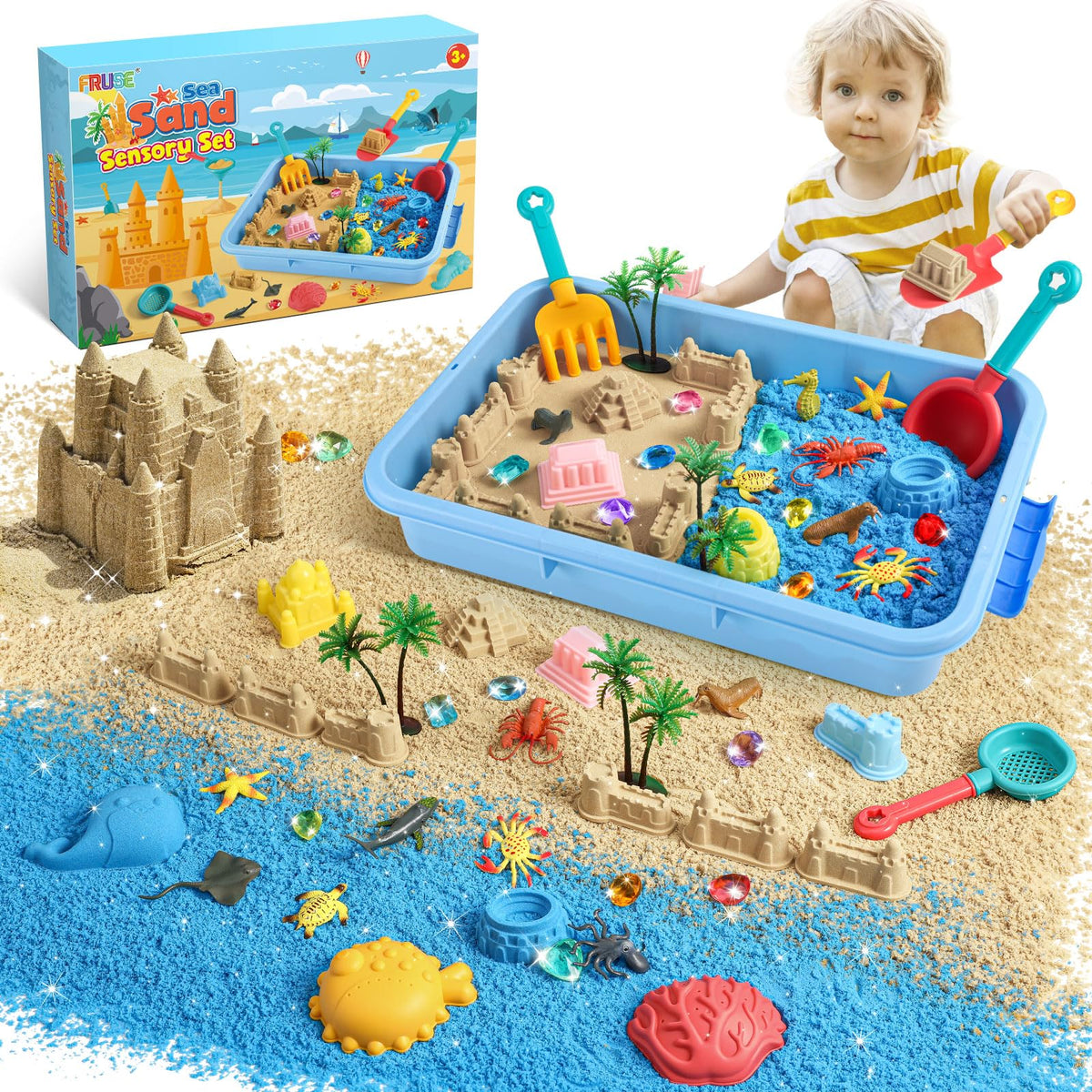 FRUSE Ocean Sensory Bin opens to colorful sand for imaginative play