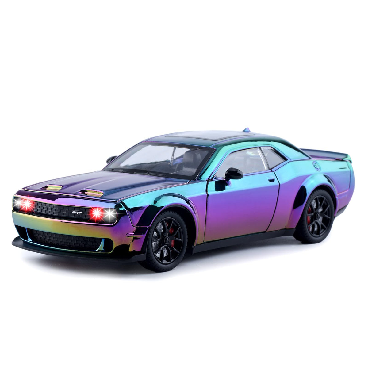 FRJV Hellcat SRT 1/24 diecast car visual focus: body in gradient purple, ideal for display and play