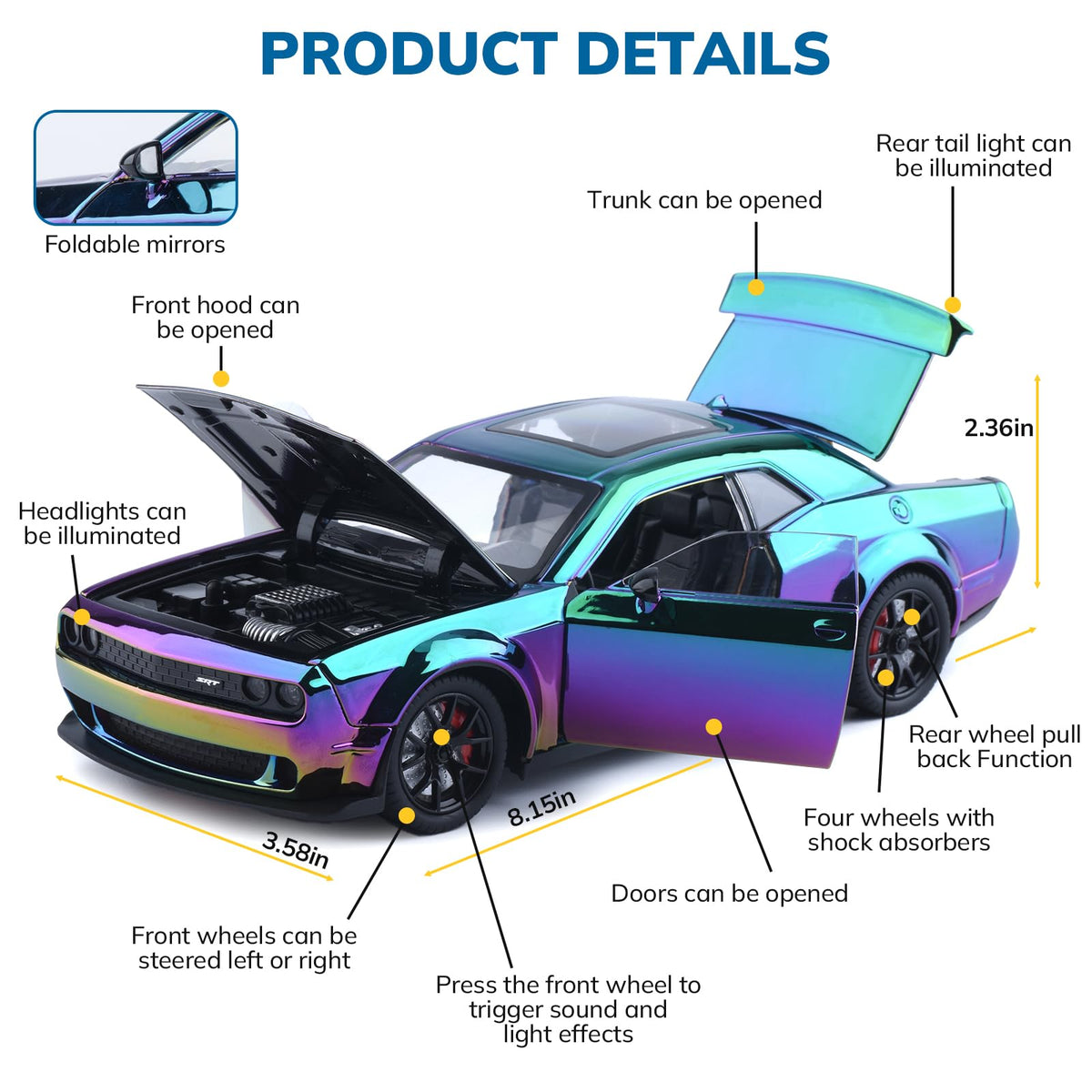 FRJV Hellcat SRT 1/24 diecast car side profile in gradient purple for dynamic stance