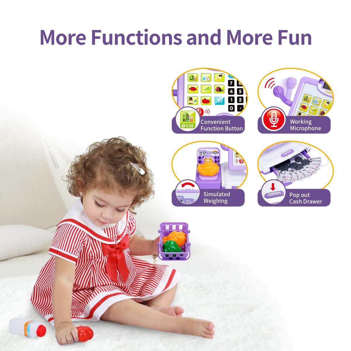 FS Pretend Play Cash Register Drawer Open – large drawer stores pretend coins and bills.