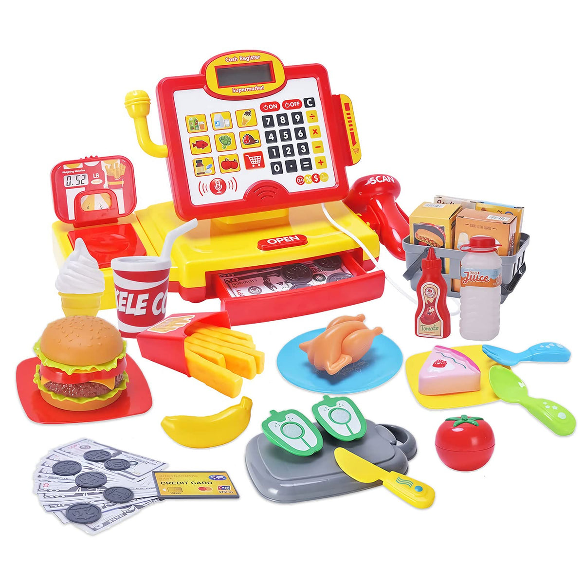 FS Pretend Play cash register front view with scanner and microphone for interactive learning