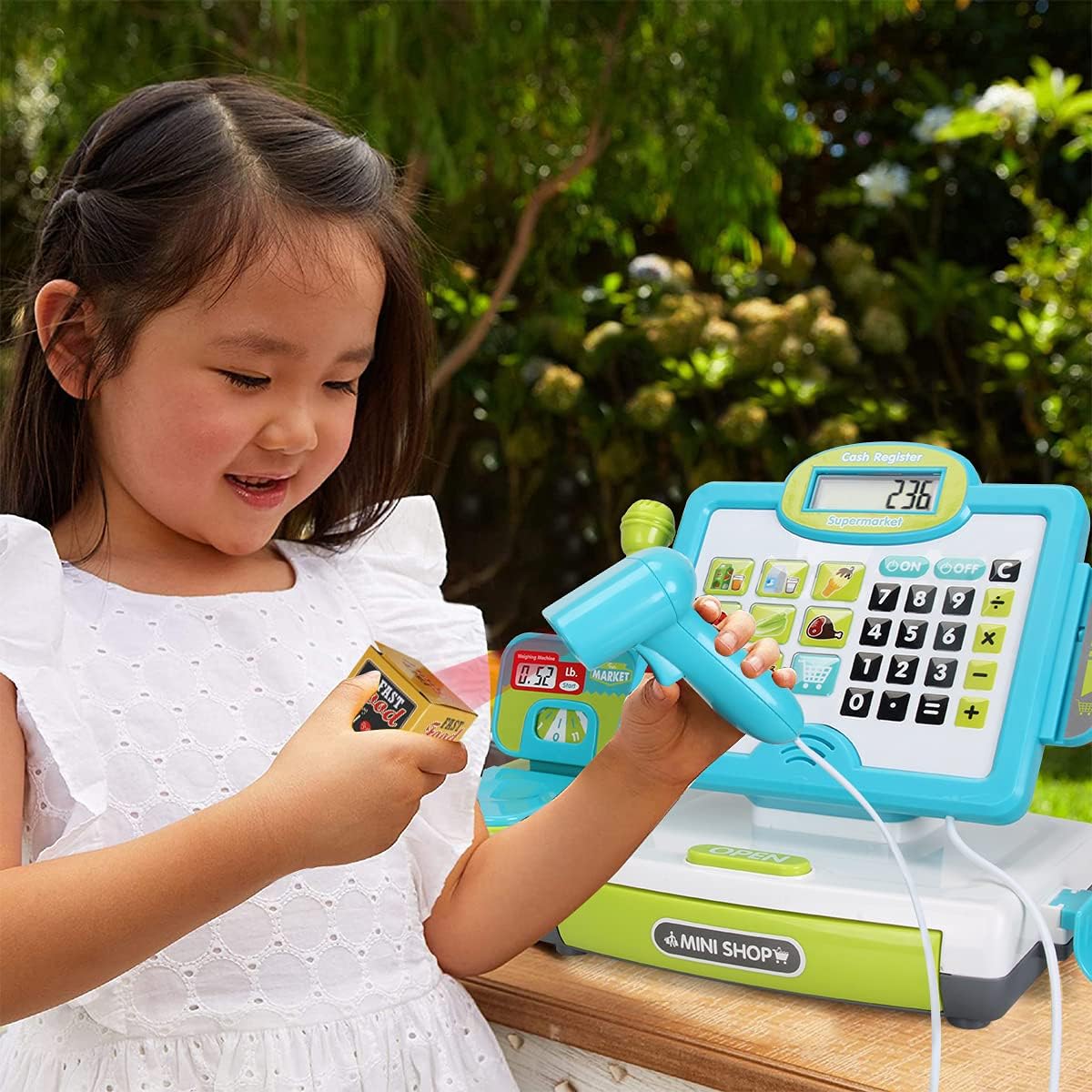 FS Pretend Play Cash Register Microphone lets kids practice speaking during pretend shopping