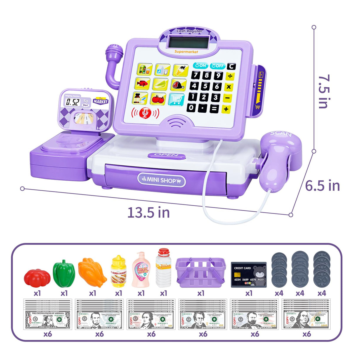 FS Pretend Play Cash Register Price Tag – pretend prices promote numerical familiarity.