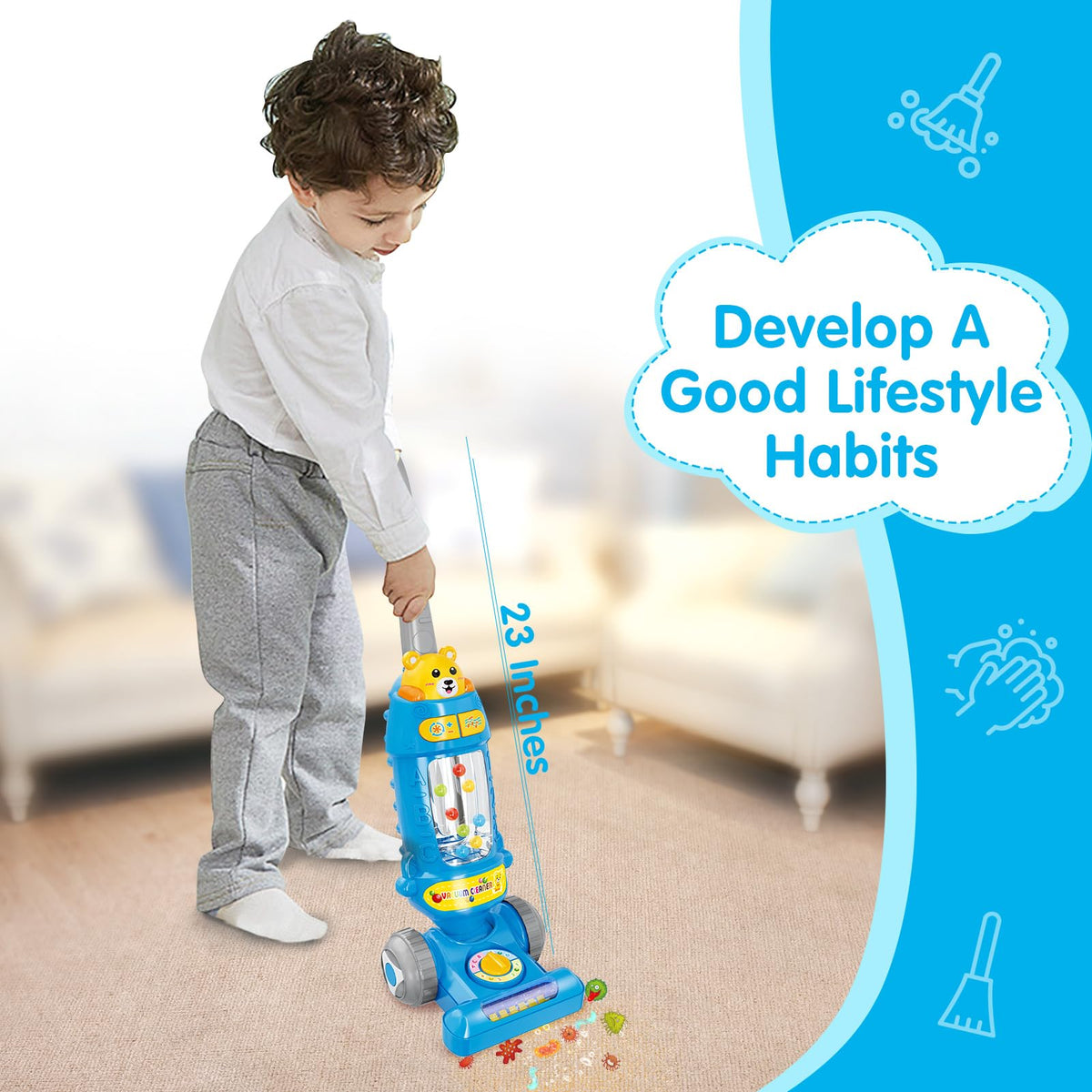 FS Vacuum Toy music and sounds engage toddlers during pretend cleanup sessions.