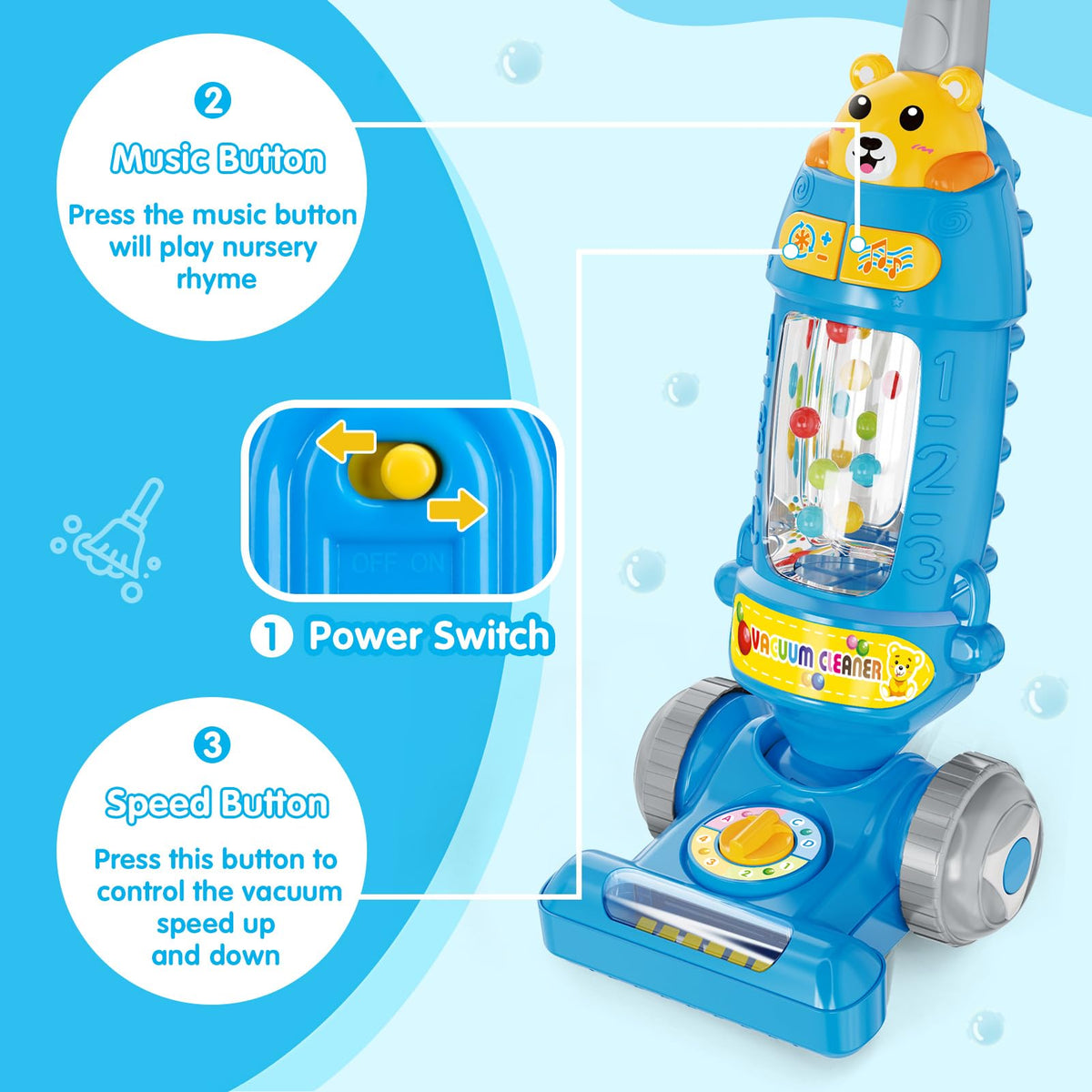 FS Toddler Vacuum Toy tilting design mirrors real vacuums for realistic role-play.