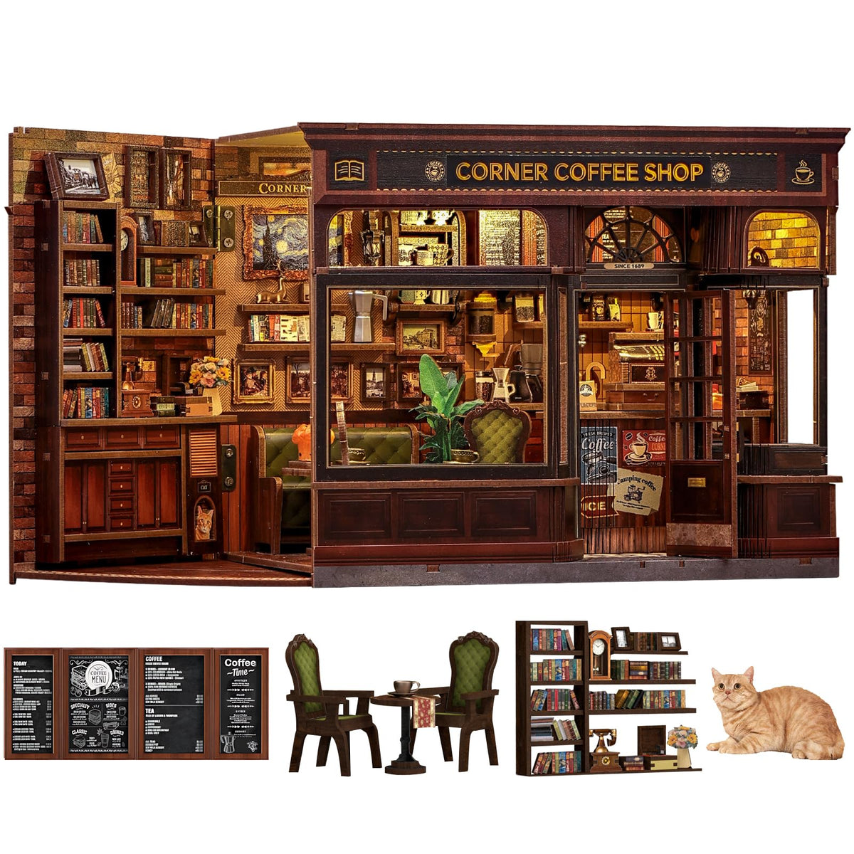 Fsolis Book Nook Kit assembly scene featuring the coffee house, ideal for mindful crafting.