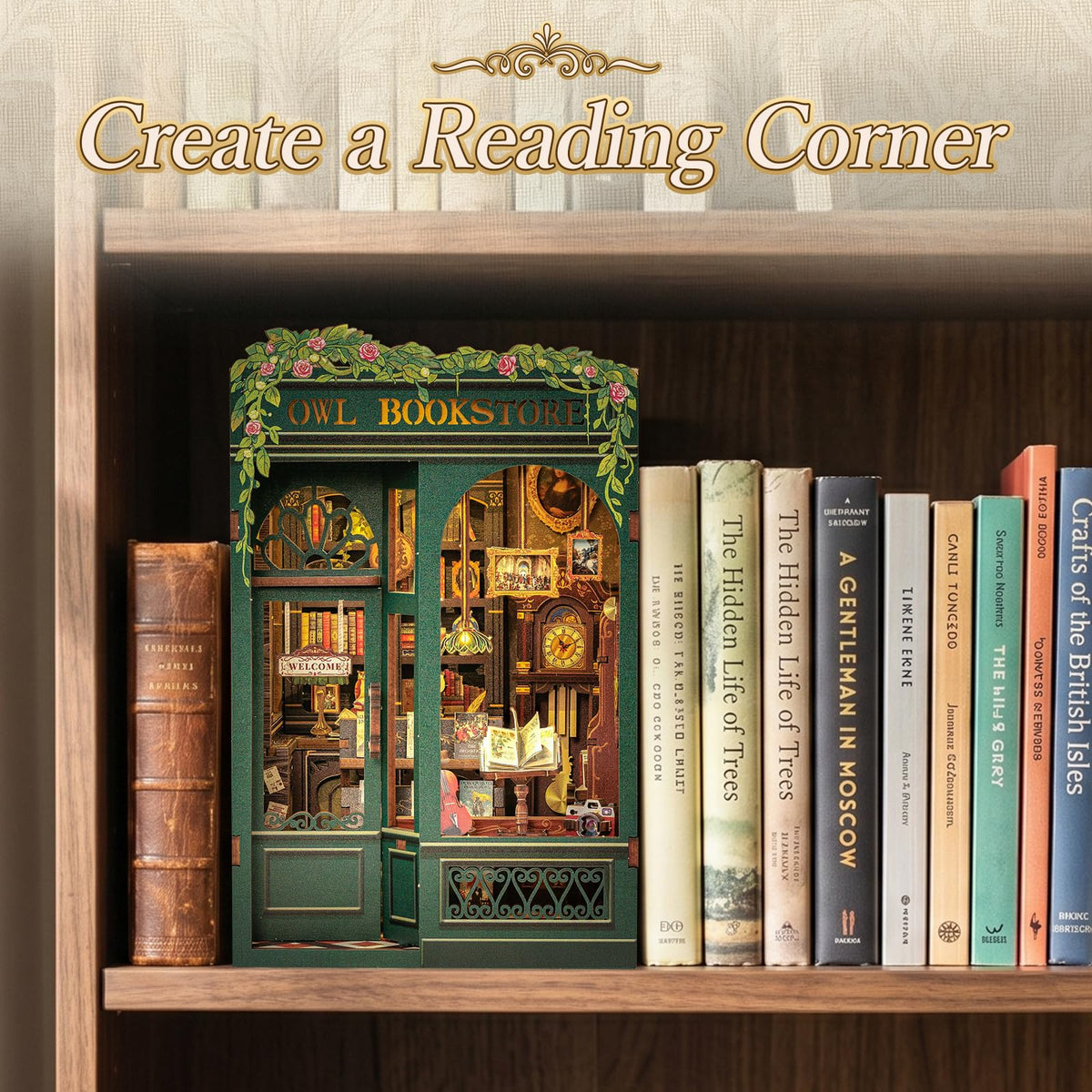 Fsolis Book Nook Kit assembly scene shows puzzle pieces fitting together.