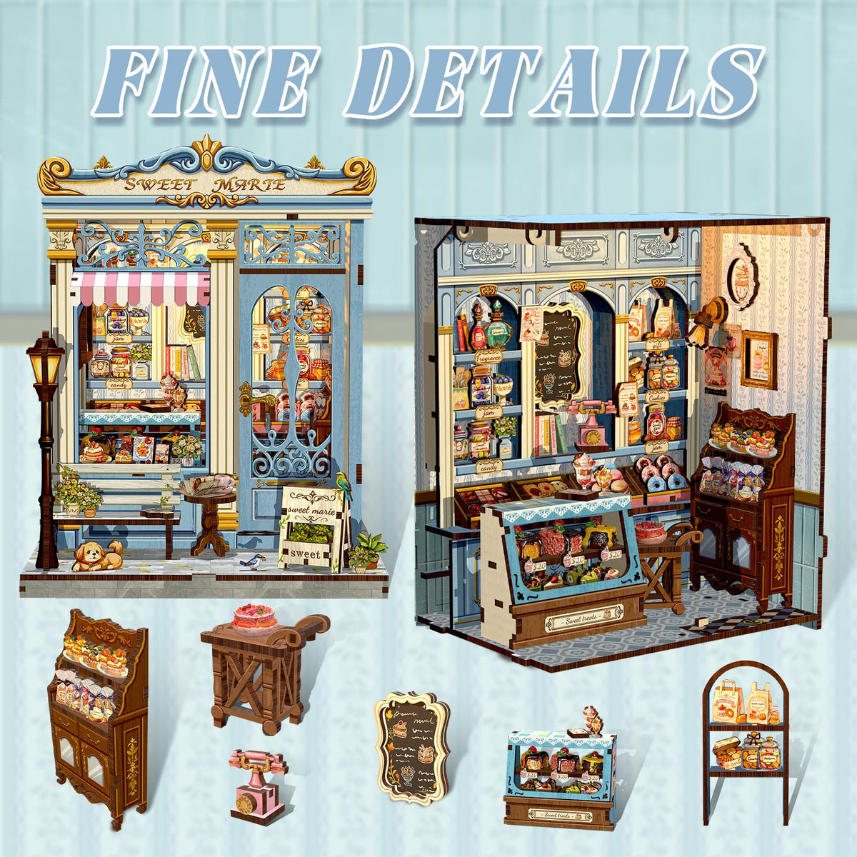 Fsolis Book Nook Kit bakery model on display adds whimsy to any bookshelf.