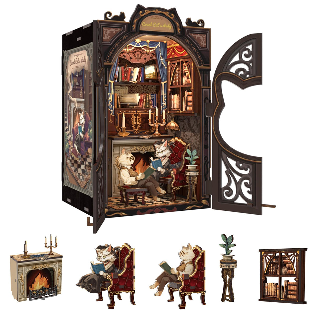 Fsolis Book Nook Kit Count Cat's Study full kit on display for cozy bookshelf decor.