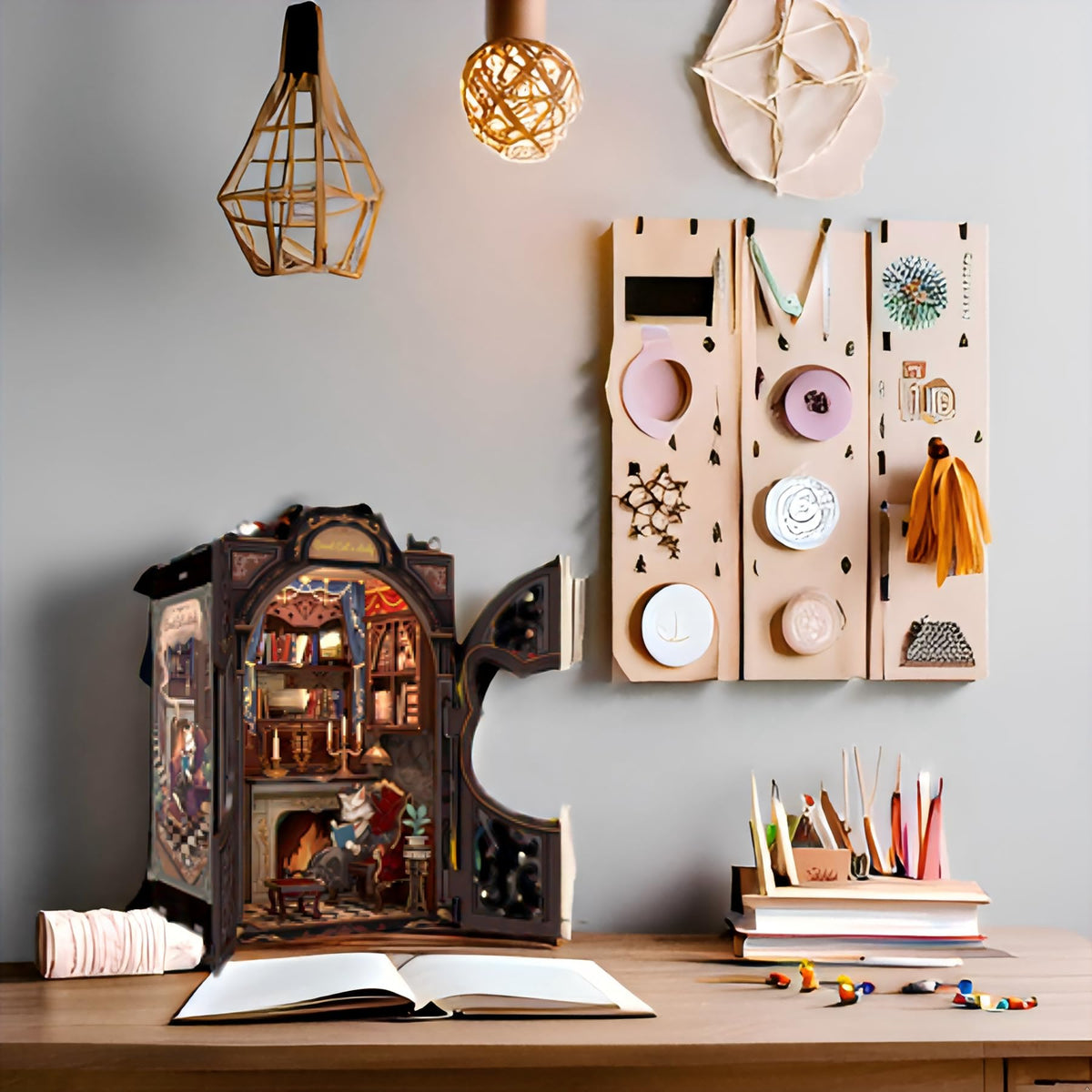 Fsolis Book Nook Kit decorated shelf scene highlights bookshelf decor charm.