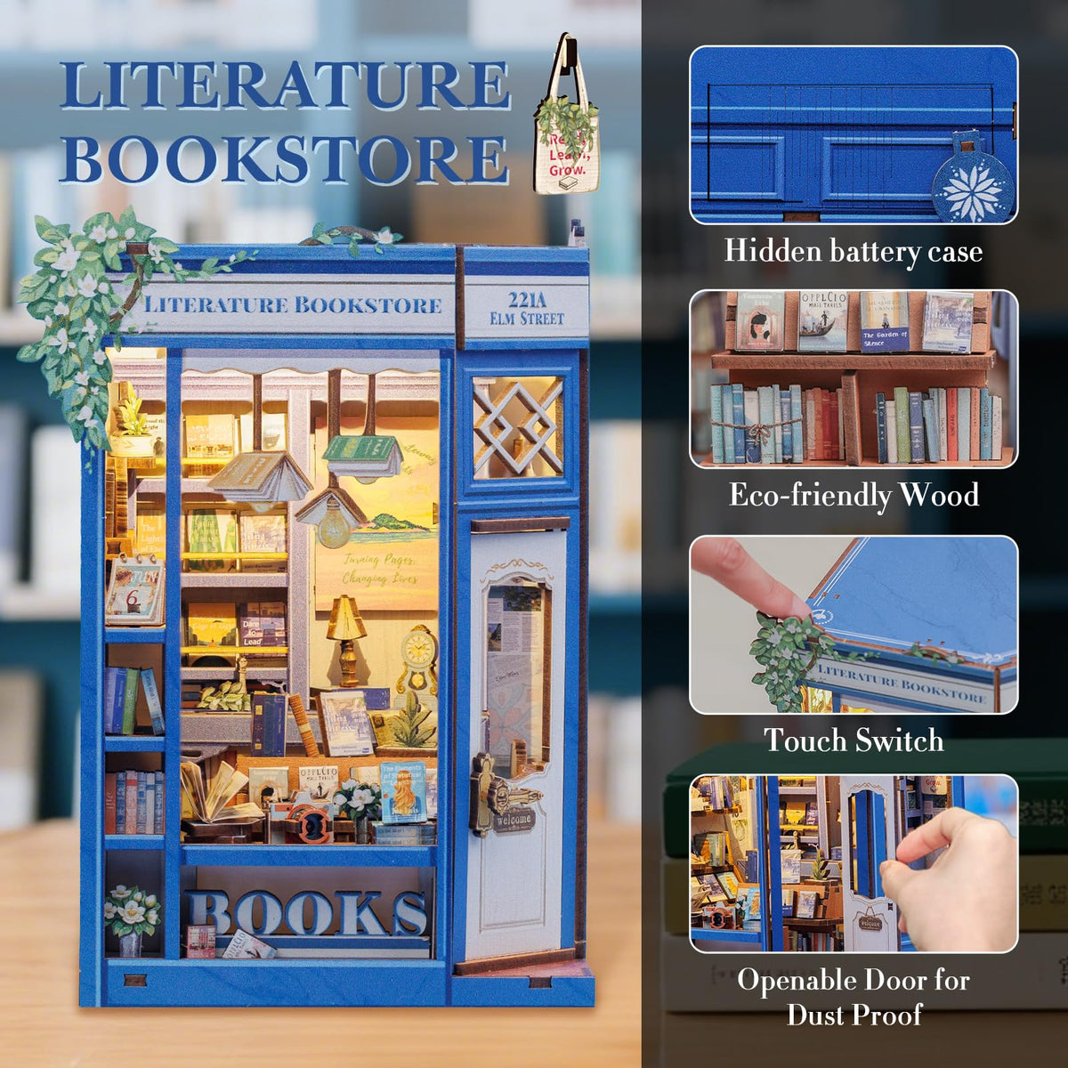 Fsolis Book Nook Kit with LED glow highlights tiny diorama details.
