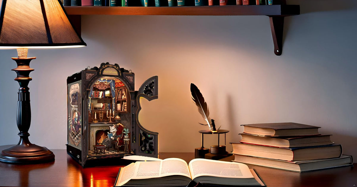 Fsolis Book Nook Kit LED lights illuminate the Count Cat's Study ambiance.