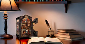 Fsolis Book Nook Kit LED lights illuminate the Count Cat's Study ambiance.