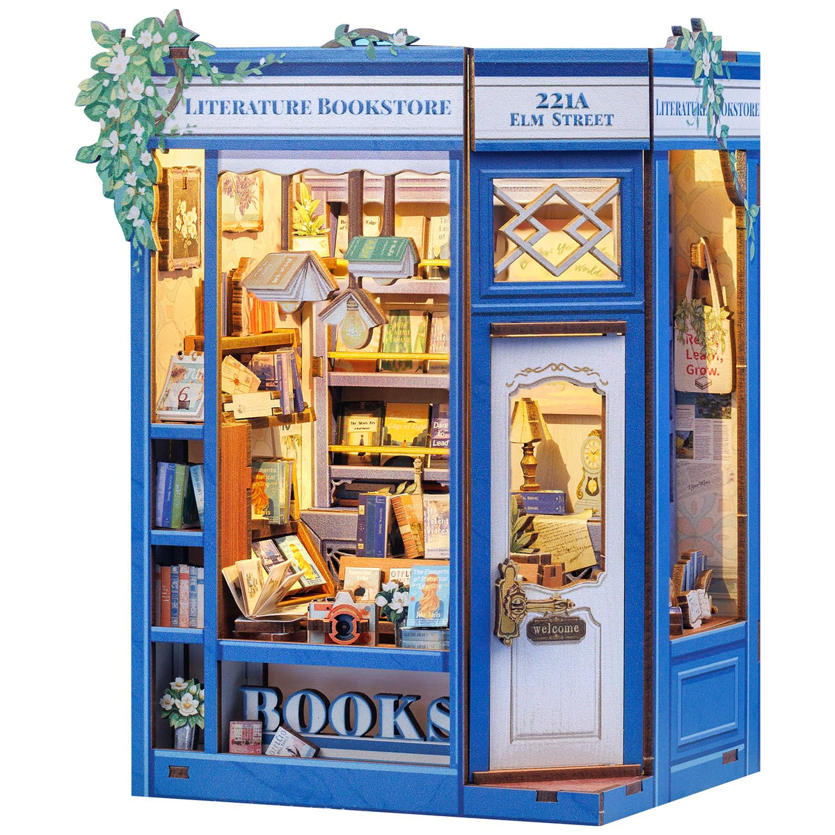 Fsolis Book Nook Kit lit storefront scene adds cozy ambiance to your shelf.