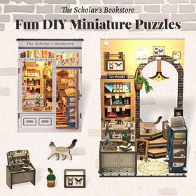Fsolis Book Nook Kit miniature cat and books create a charming bookstore scene