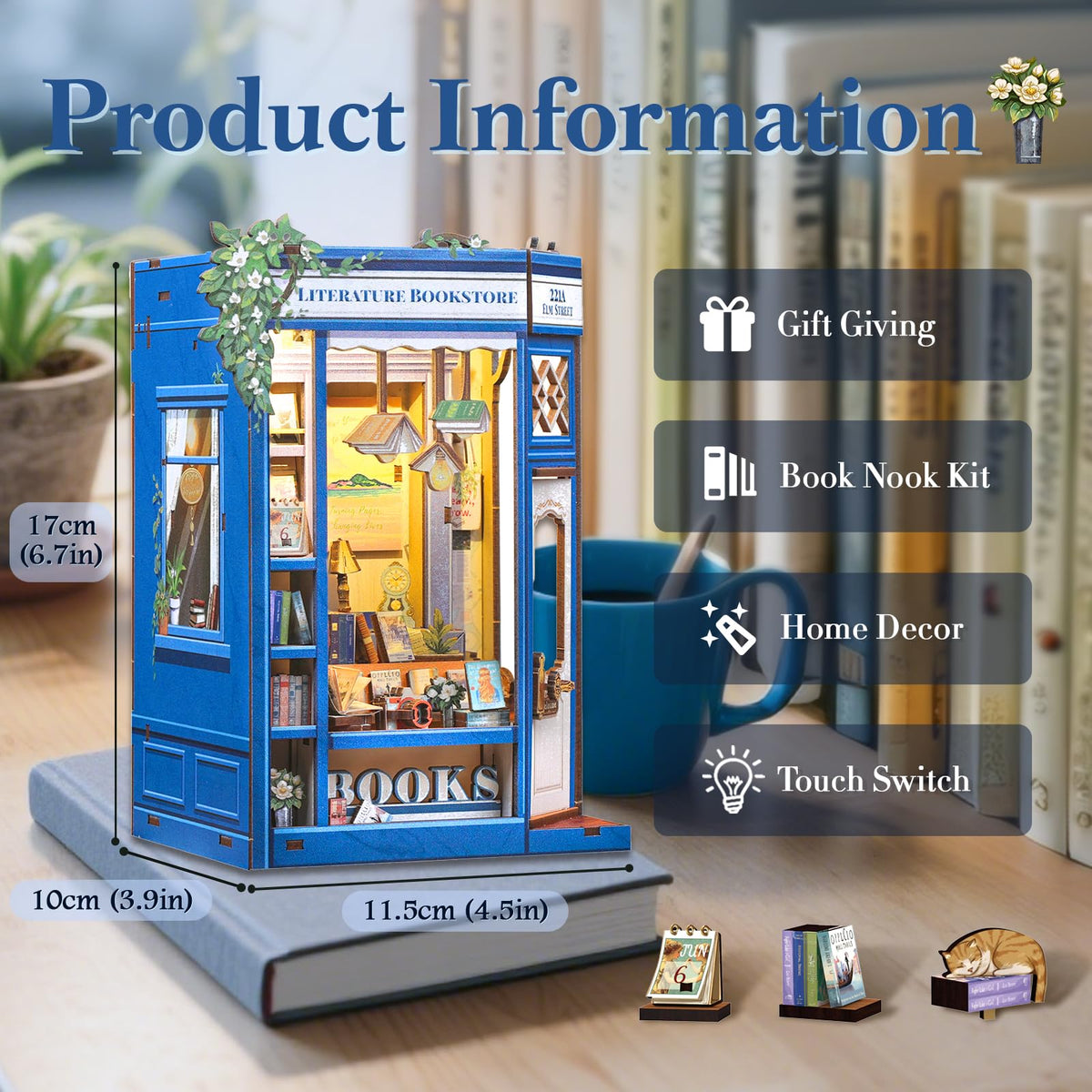 Fsolis Book Nook Kit miniature cat brings charm to the scene.