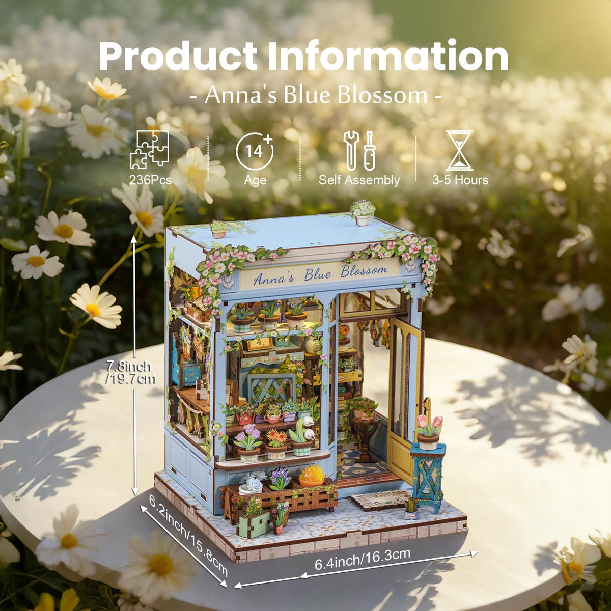 Fsolis Book Nook Kit miniature flower shop interior for charming bookcase accents.